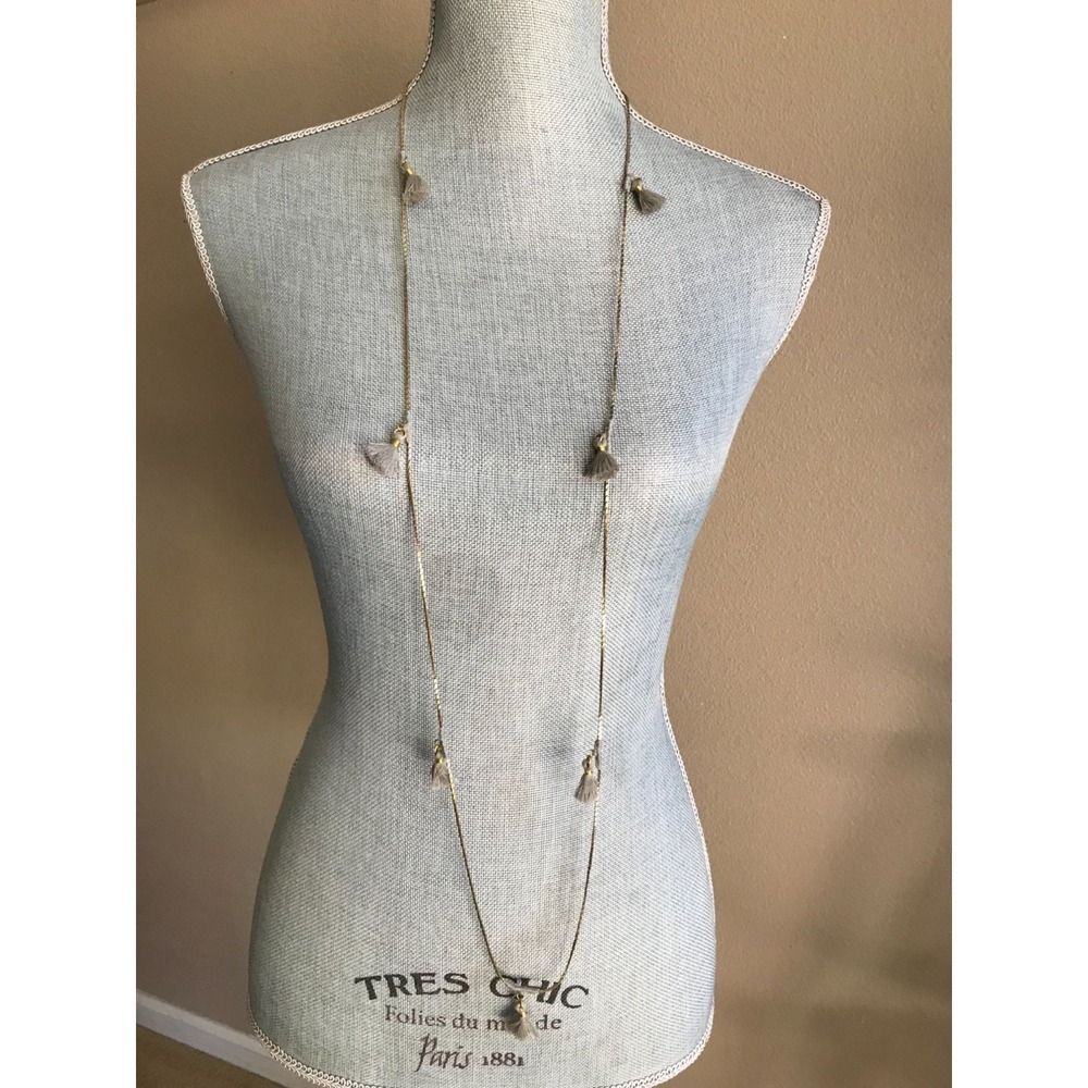 NWT Anthropologie Jewelry Boho Necklace Long Thin Gold Strand w/ Gray Tassels